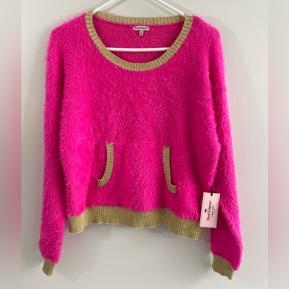 Y2K Juicy Couture sweater top women medium Hot Pink Gold Fuzzy mean girl NEW 90s
